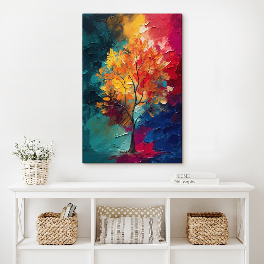 Peinture d'un arbre aux feuilles orange et bleues Peinture d'un arbre aux feuilles orange et bleues
