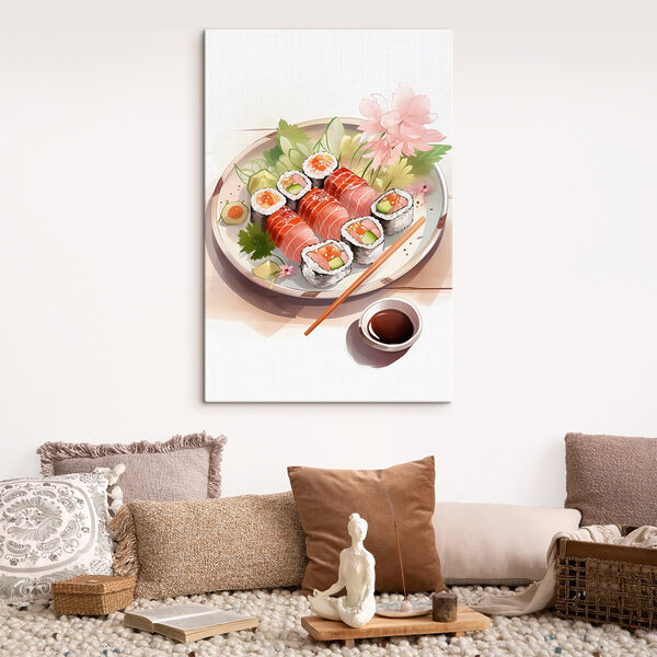 Assiette de sushis avec sauce et fleurs Assiette de sushis avec sauce et fleurs