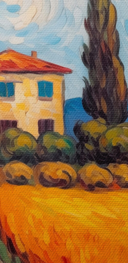 Painting of a house in a wheat field