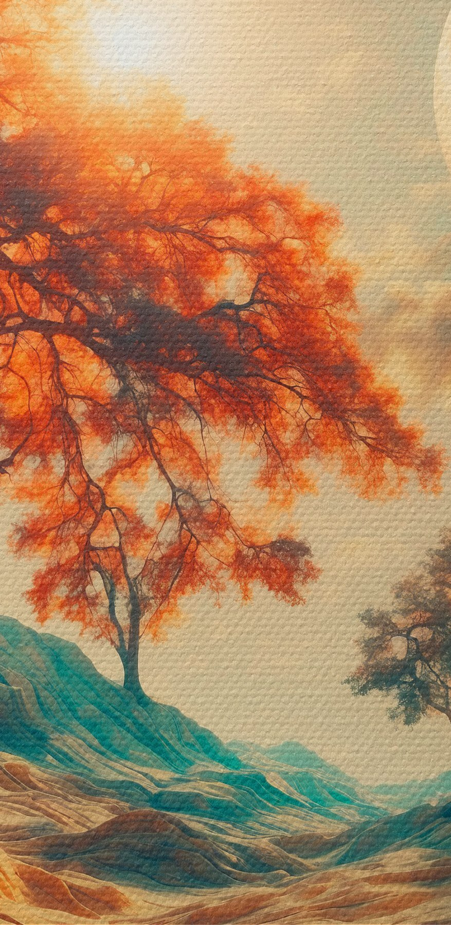 Paysage avec des arbres, des montagnes et une lune