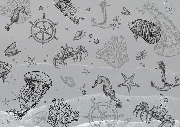 Fond gris avec créatures marines t00004p 600x424 - Fond gris avec créatures marines - tegory