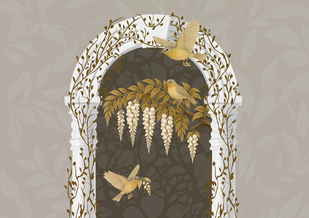 Arche blanche avec des oiseaux volant au-dessus d'elle Arche blanche avec des oiseaux volant au-dessus d'elle