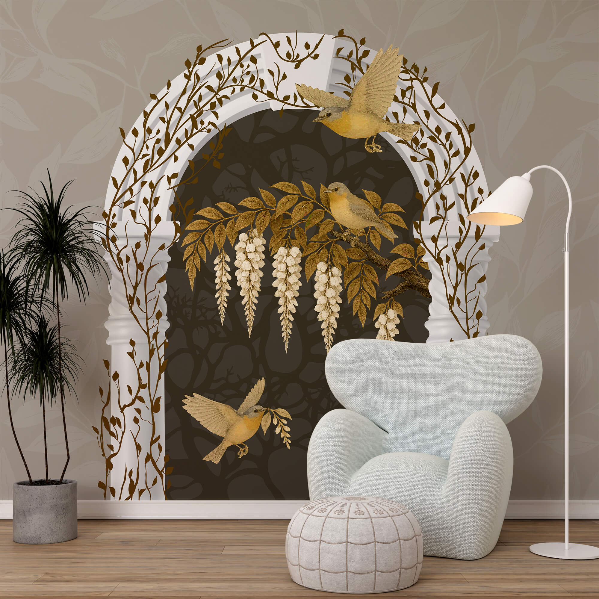 Arche blanche avec des oiseaux volant au-dessus d'elle Arche blanche avec des oiseaux volant au-dessus d'elle