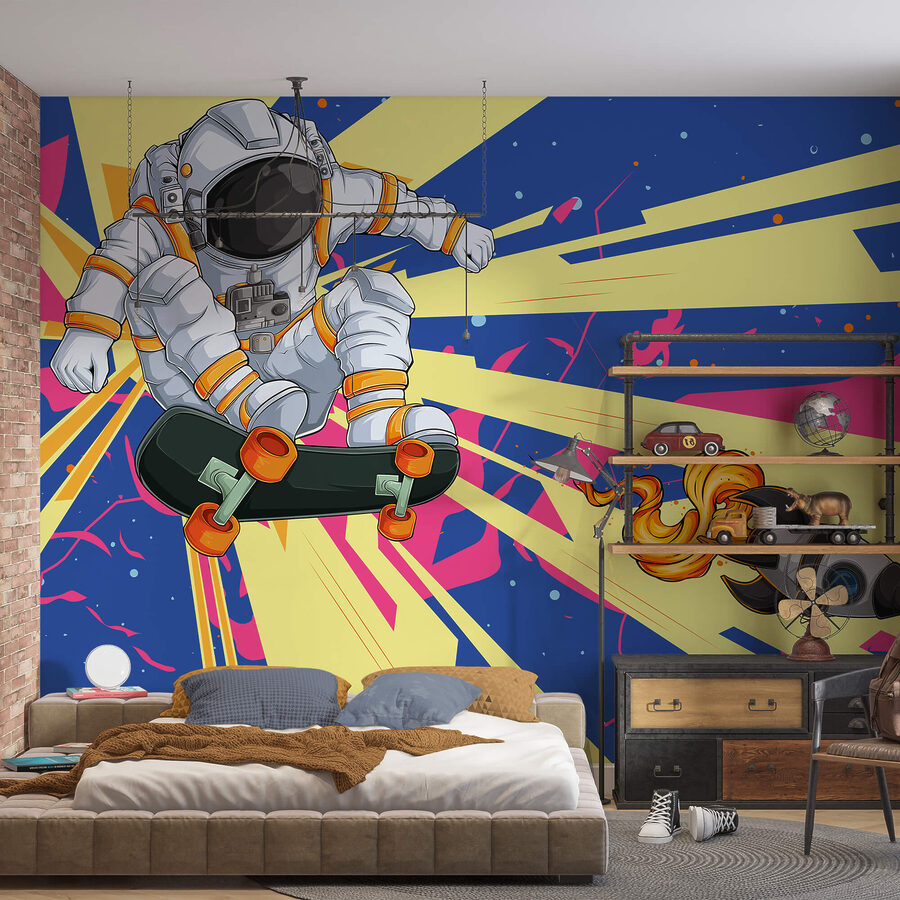 Un astronaute sur une planche à roulettes