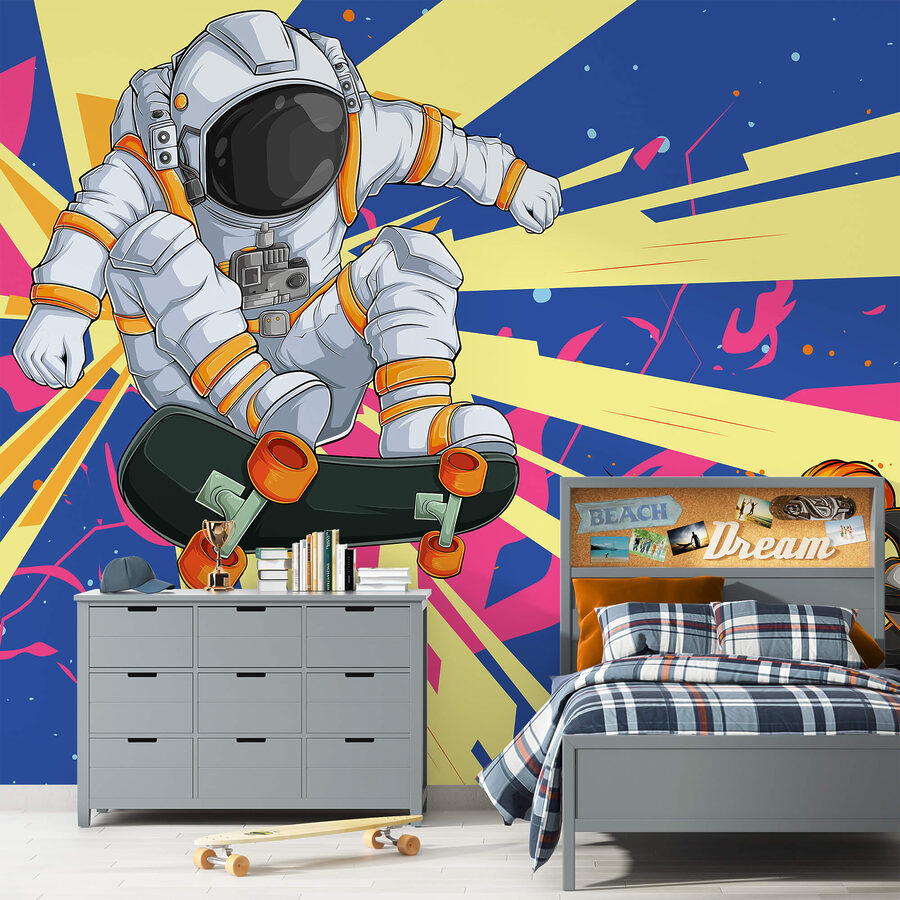 Un astronaute sur une planche à roulettes
