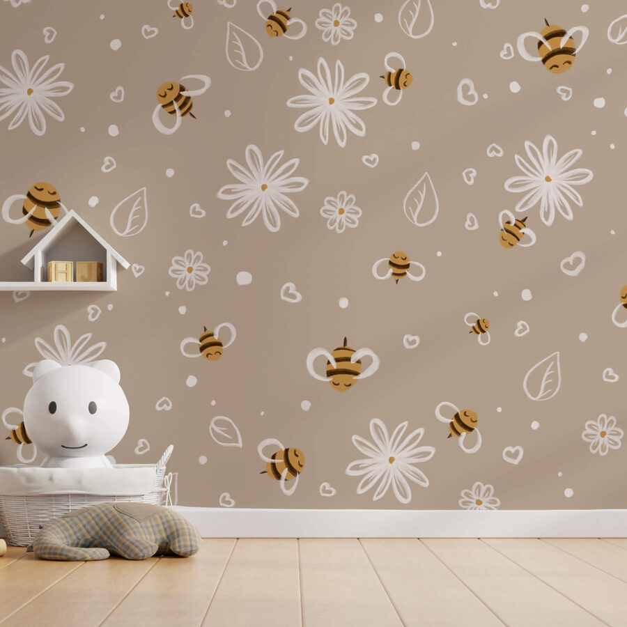 Papier peint Motif d'abeilles et de fleurs