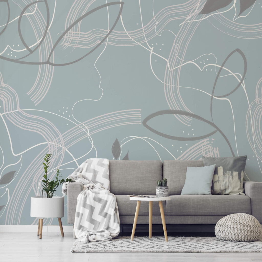 Fond bleu et blanc avec des feuilles et des lignes