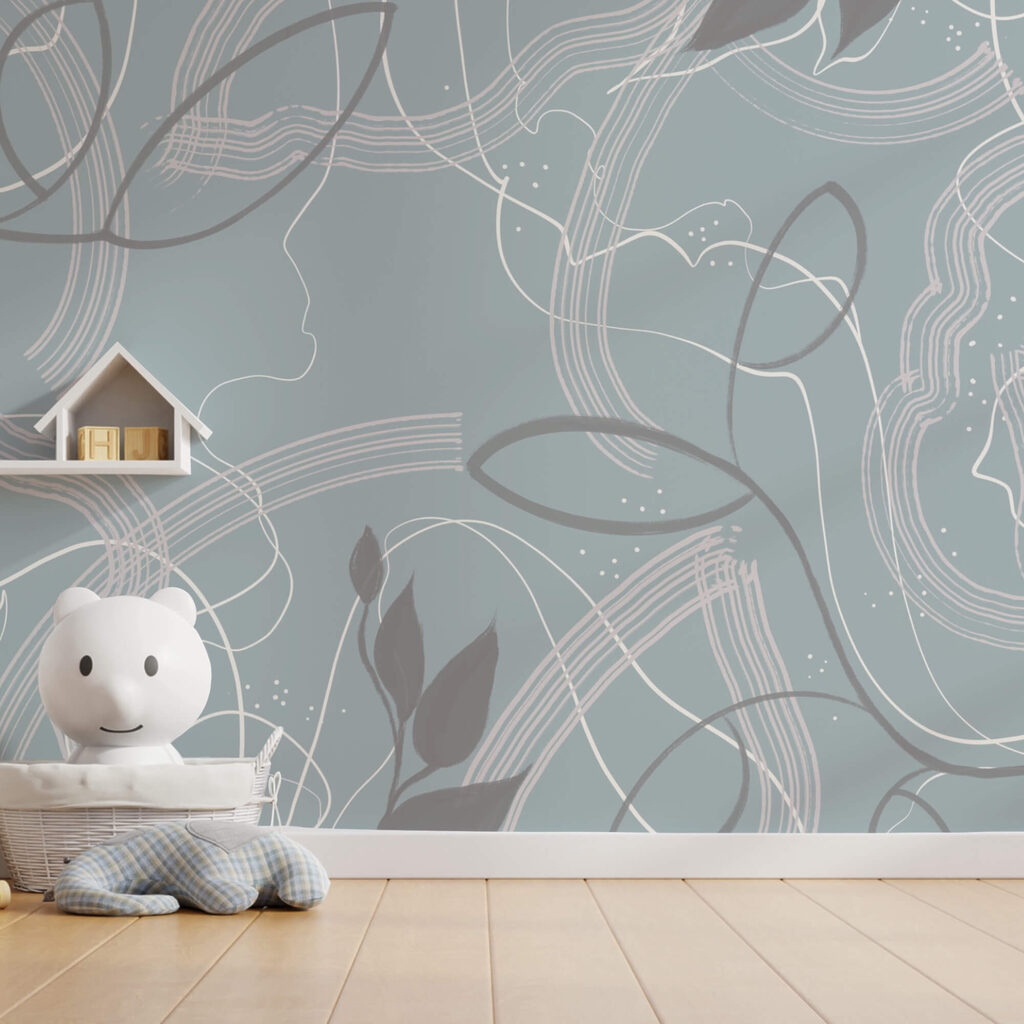 Fond bleu et blanc avec des feuilles et des lignes