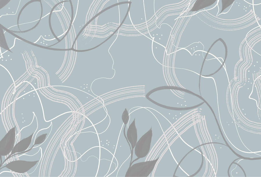 Fond bleu et blanc avec des feuilles et des lignes
