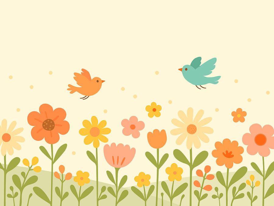 Oiseaux volant au-dessus des fleurs