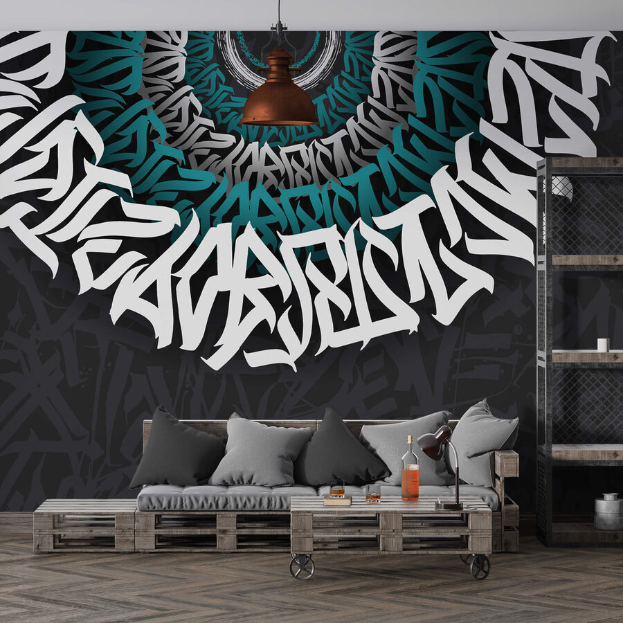 Graffiti blanc et bleu sur fond noir