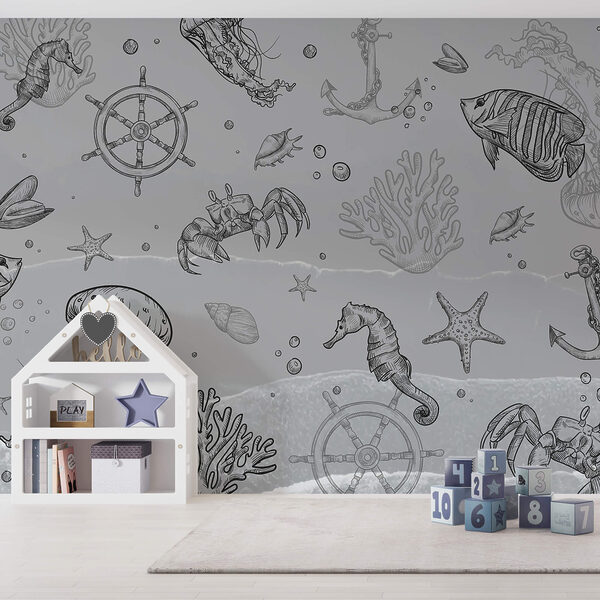 Fond gris avec créatures marines Papier peint Fond gris avec créatures marines