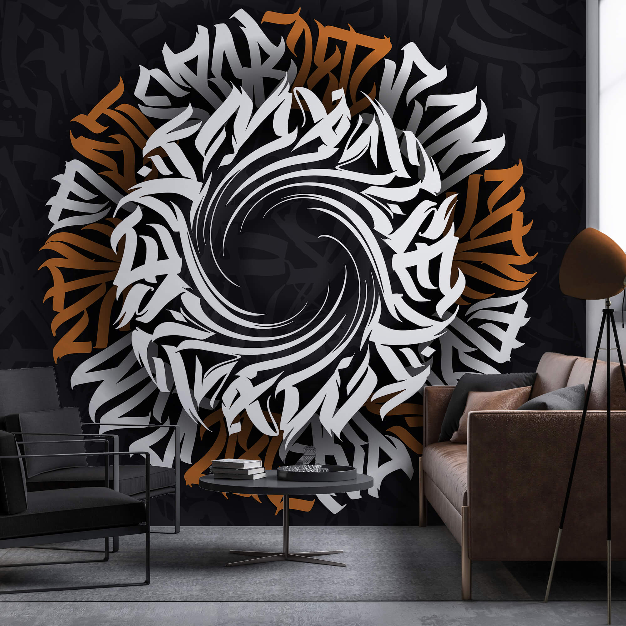 Motif circulaire avec lettres blanches et orange Motif circulaire avec lettres blanches et orange