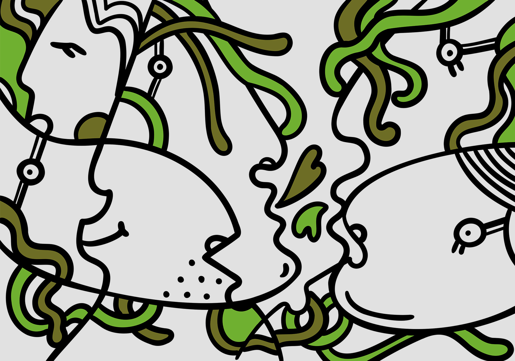 Faces intertwined with vibrant shapes