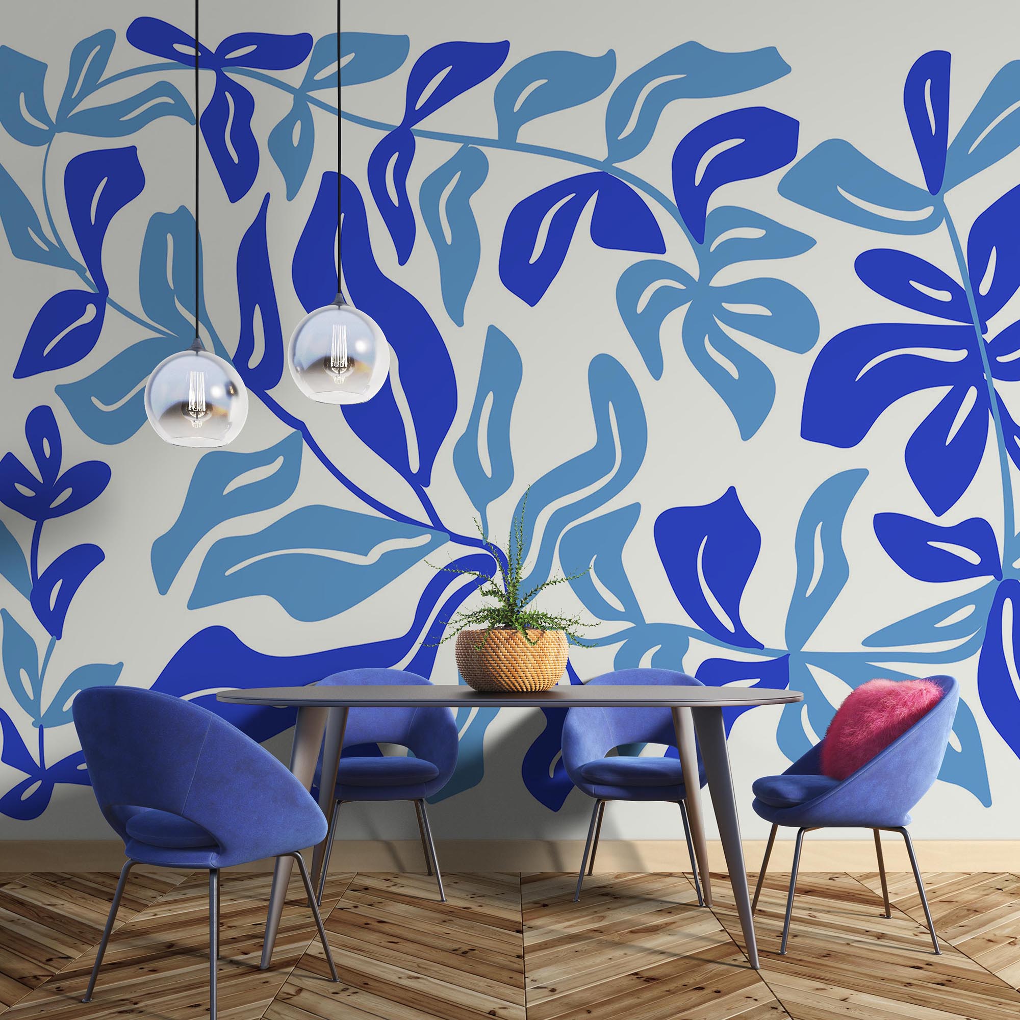 Dessin de feuilles en bleu et blanc