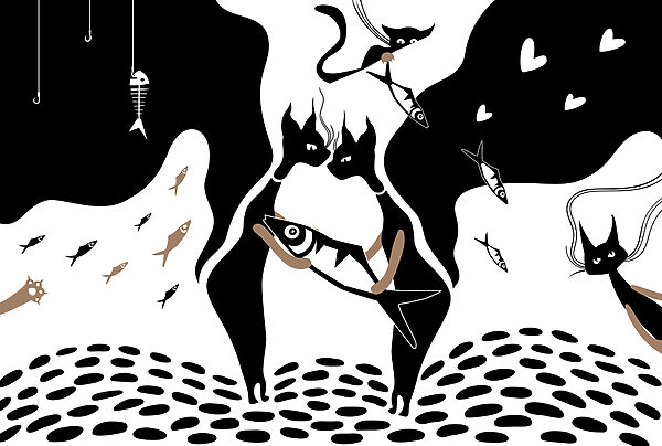 Chat noir et blanc avec poisson et poisson Chat noir et blanc avec poisson et poisson