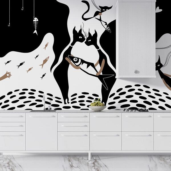 Chat noir et blanc avec poisson et poisson Chat noir et blanc avec poisson et poisson