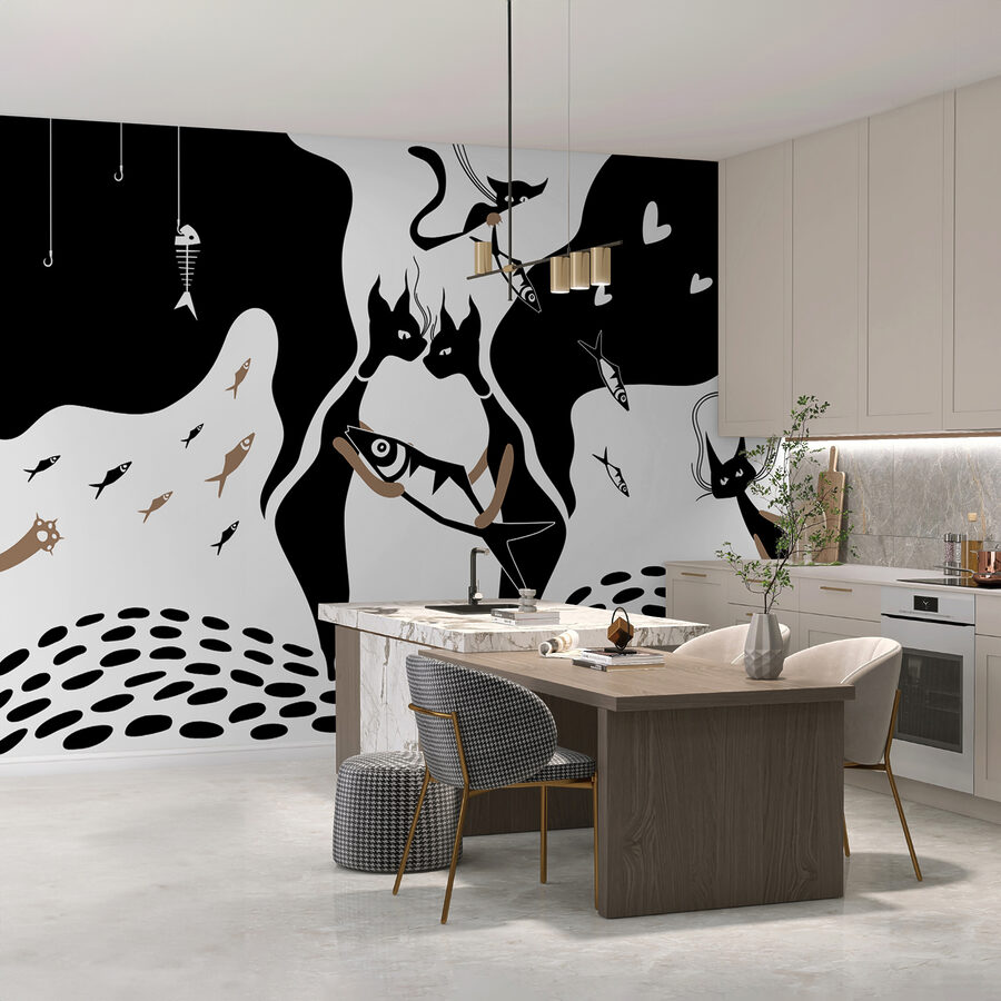 Chat noir et blanc avec poisson et poisson
