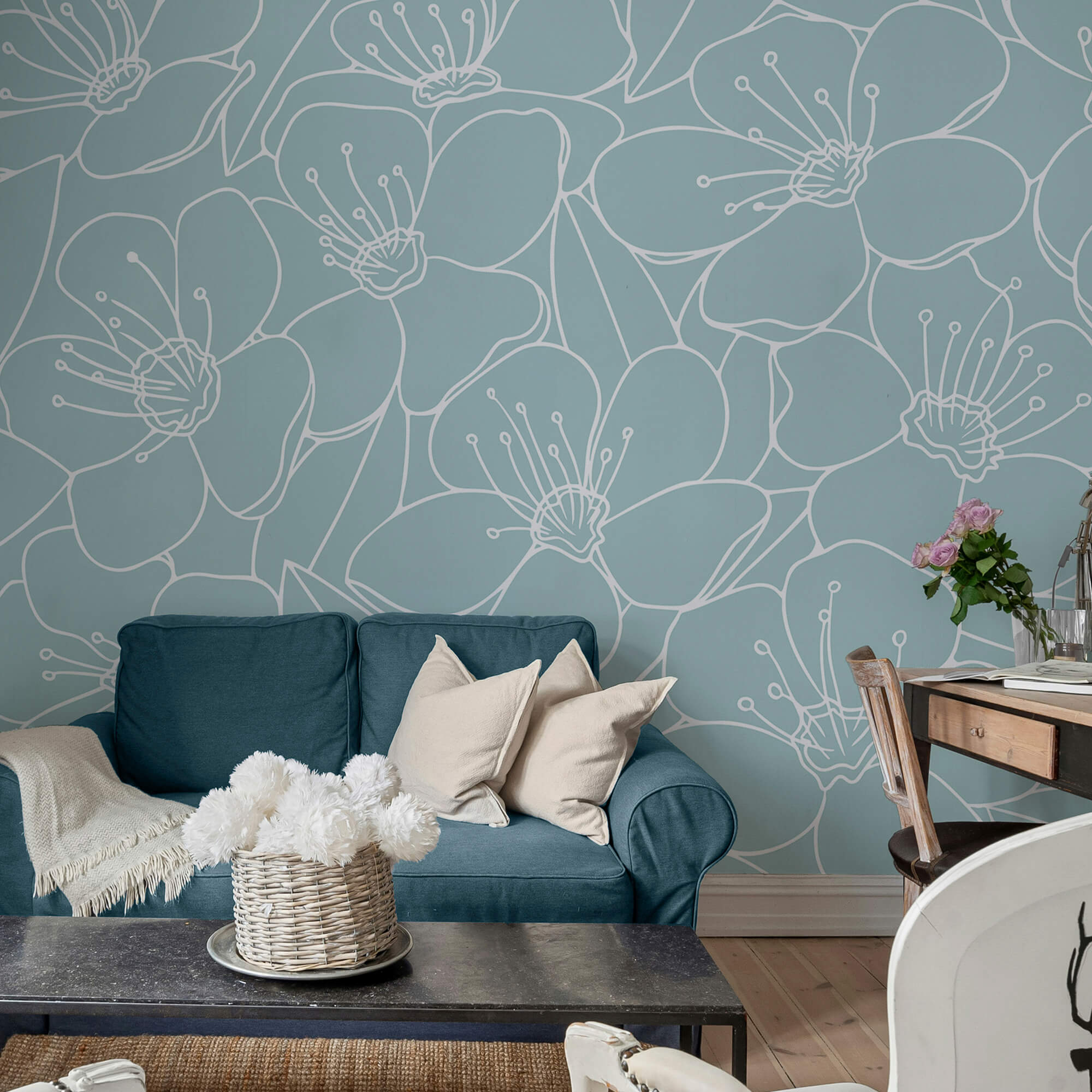 Motif de fleurs sur fond bleu