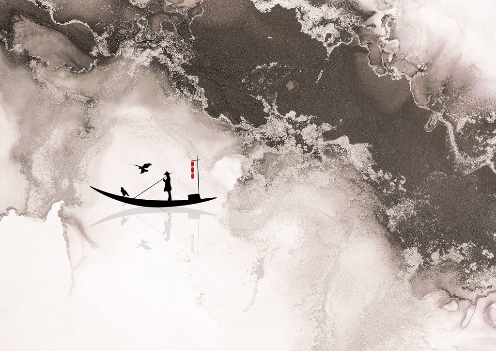 Silhouette d'un homme sur un bateau avec un oiseau dessus Silhouette d'un homme sur un bateau avec un oiseau dessus