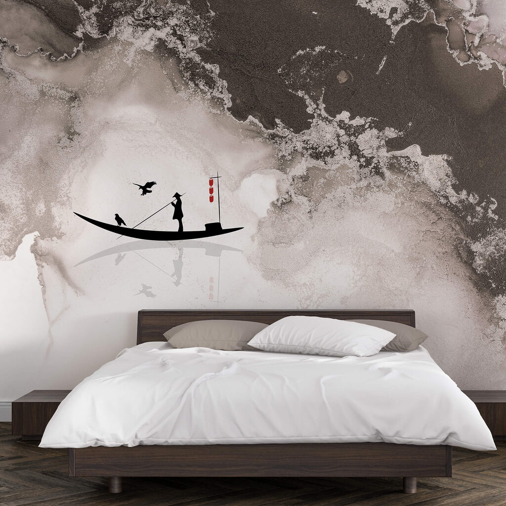 Silhouette d'un homme sur un bateau avec un oiseau dessus