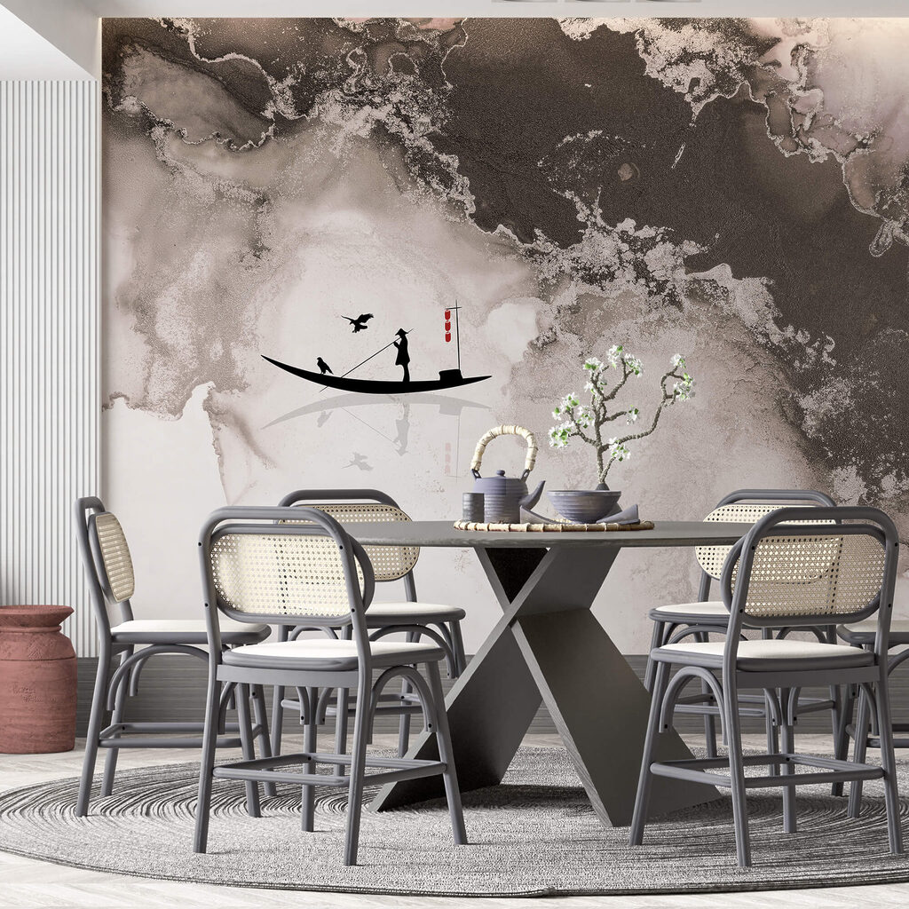 Silhouette d'un homme sur un bateau avec un oiseau dessus