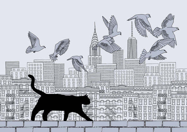Chat marchant sur un mur avec des oiseaux volant dans le ciel Chat marchant sur un mur avec des oiseaux volant dans le ciel