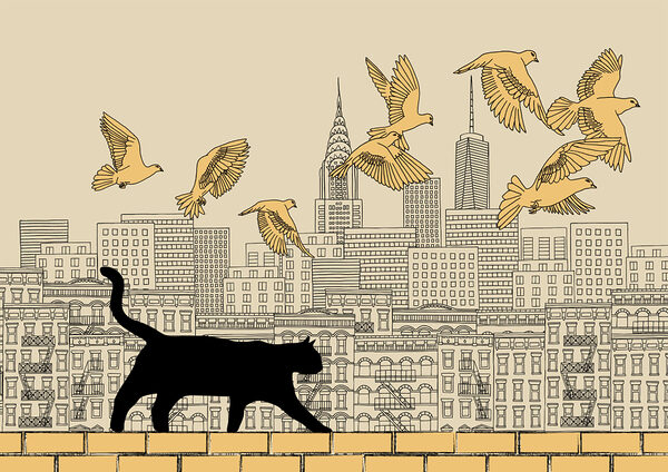 Chat marchant sur un mur avec des oiseaux volant dans le ciel Chat marchant sur un mur avec des oiseaux volant dans le ciel