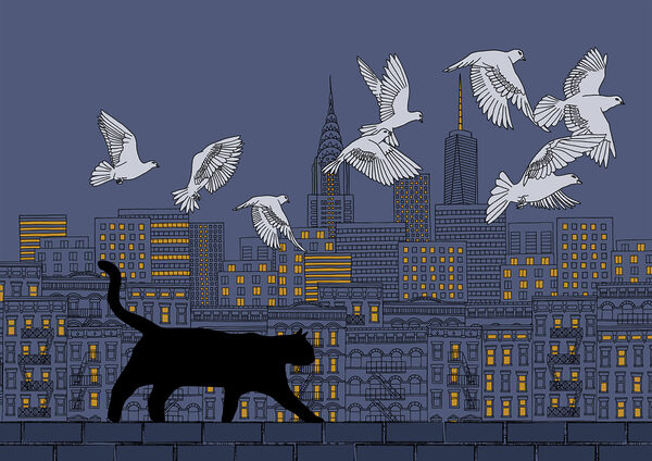 Chat marchant sur un mur avec des oiseaux volant dans le ciel Chat marchant sur un mur avec des oiseaux volant dans le ciel