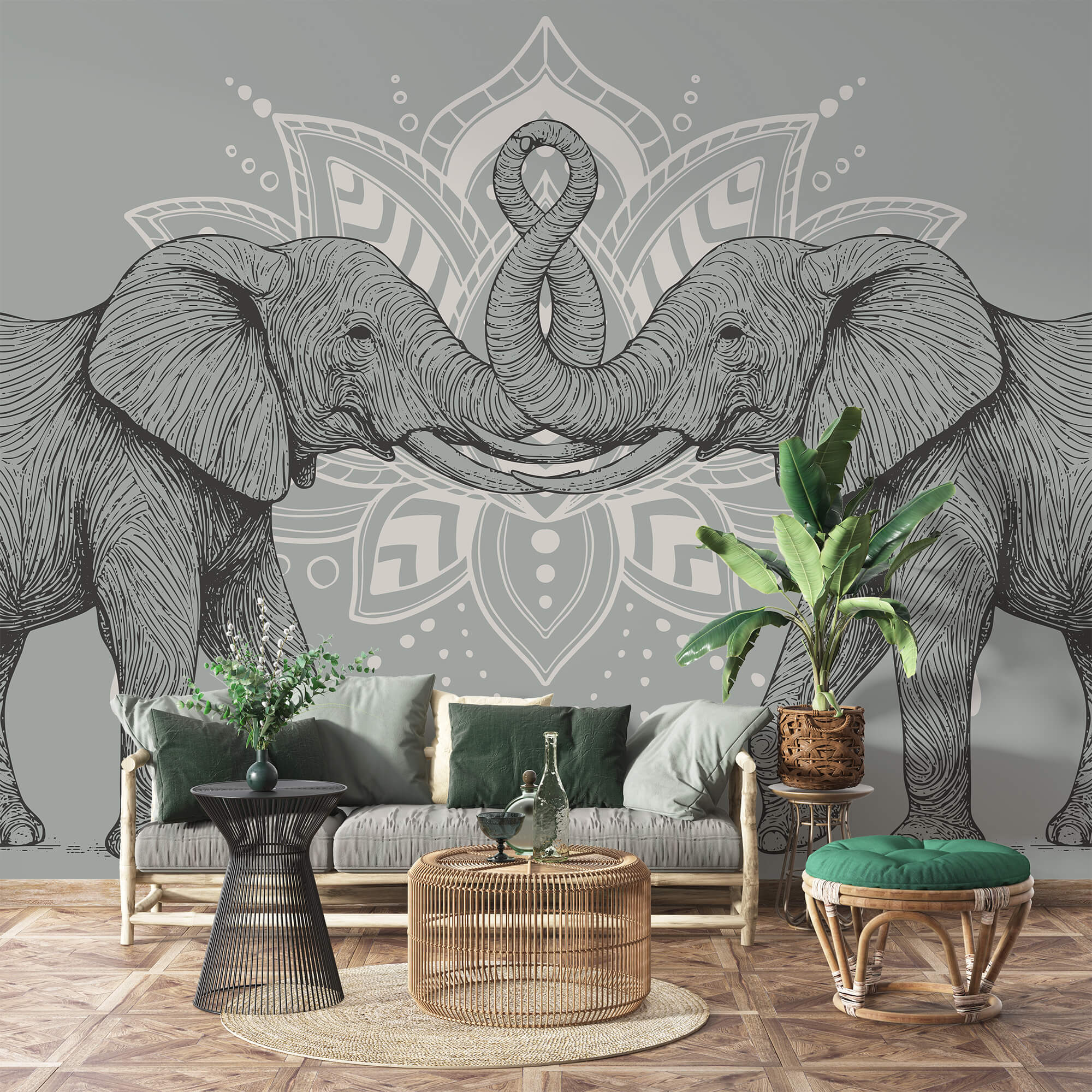 Deux éléphants dont les trompes se touchent