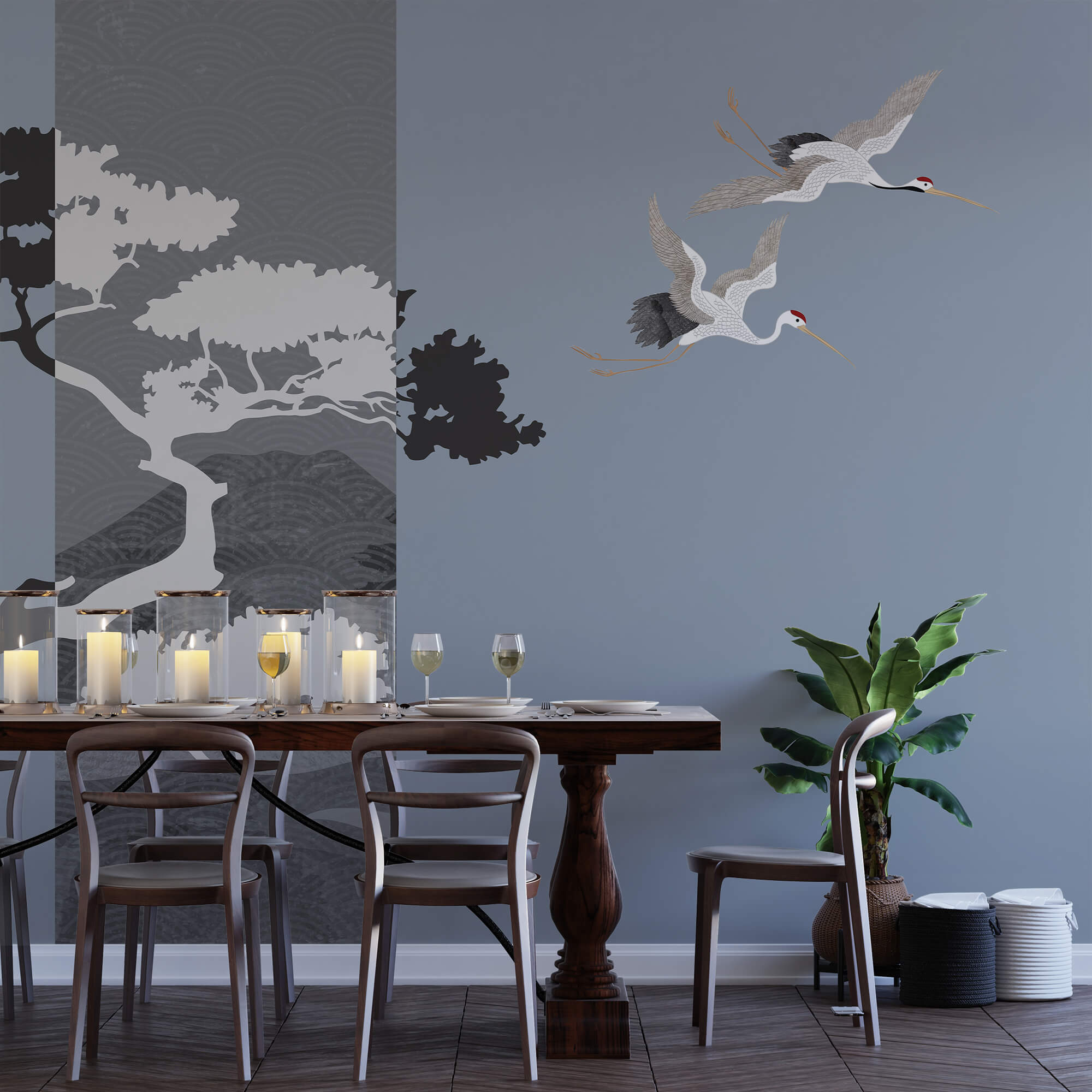 Couple de grues volant près d'un arbre Couple de grues volant près d'un arbre