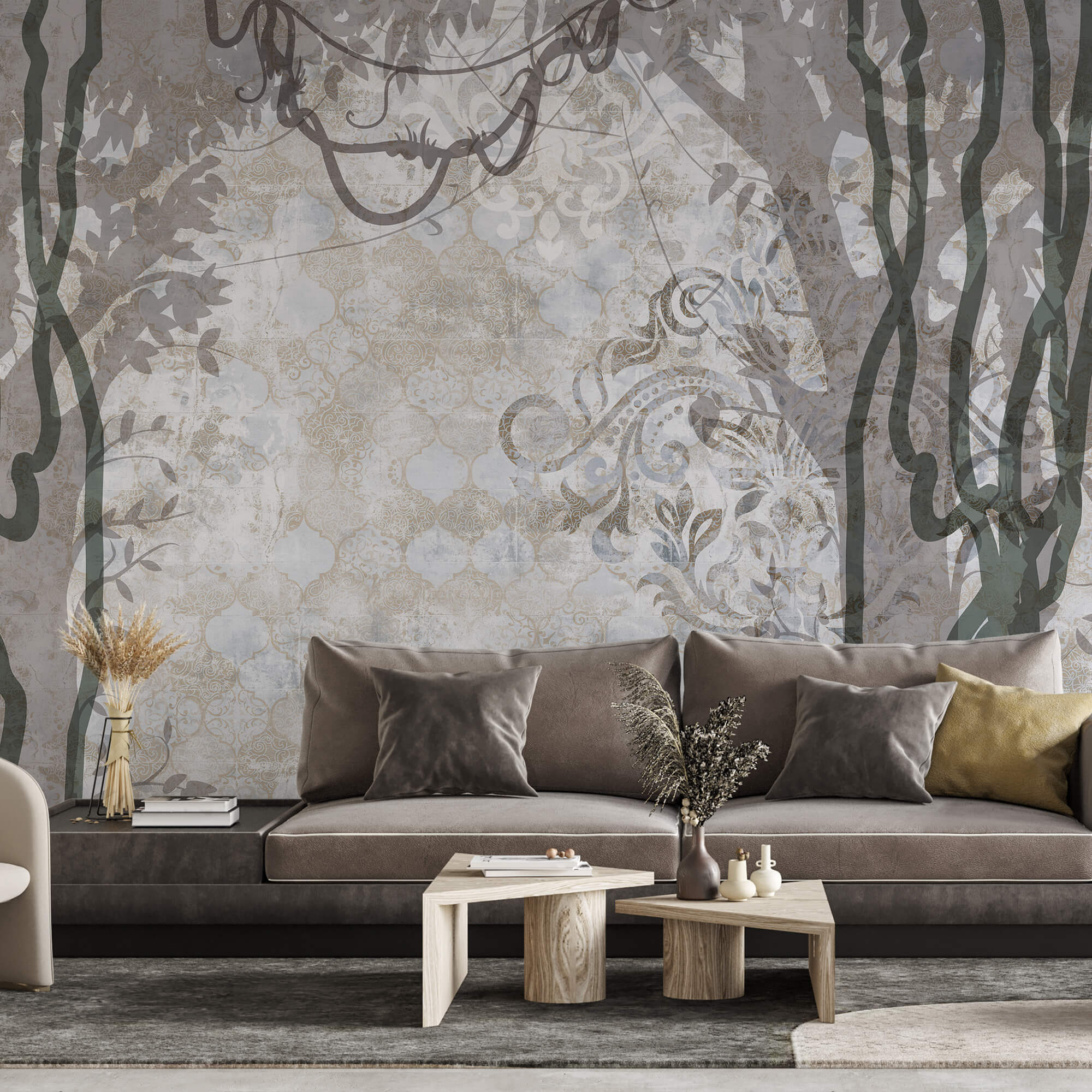 Mur blanc avec vignes et feuilles