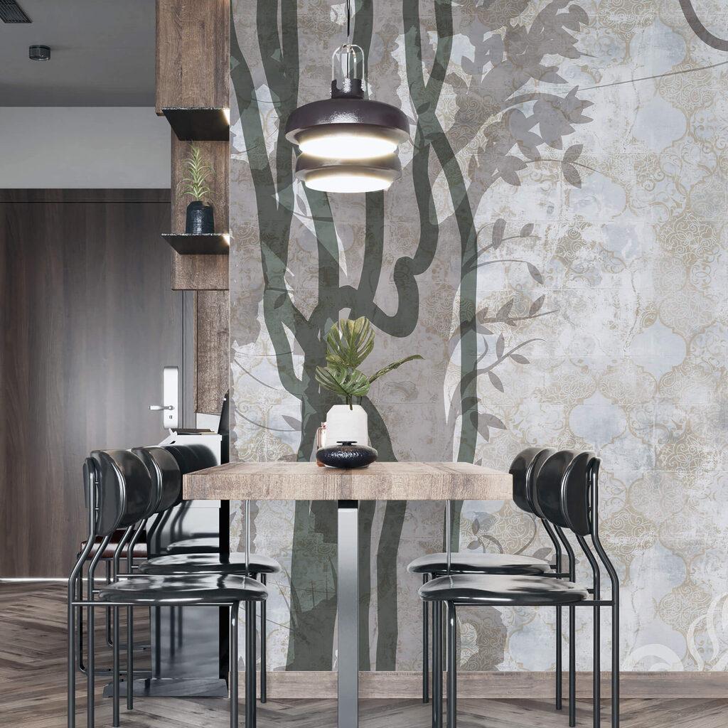 Mur blanc avec vignes et feuilles