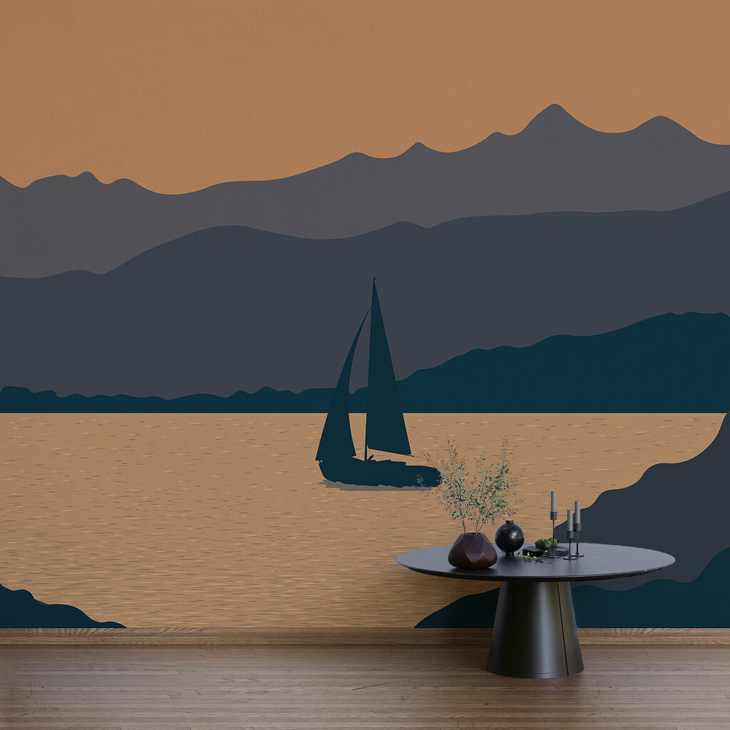 Voilier sur l'eau avec des montagnes en arrière-plan Voilier sur l'eau avec des montagnes en arrière-plan