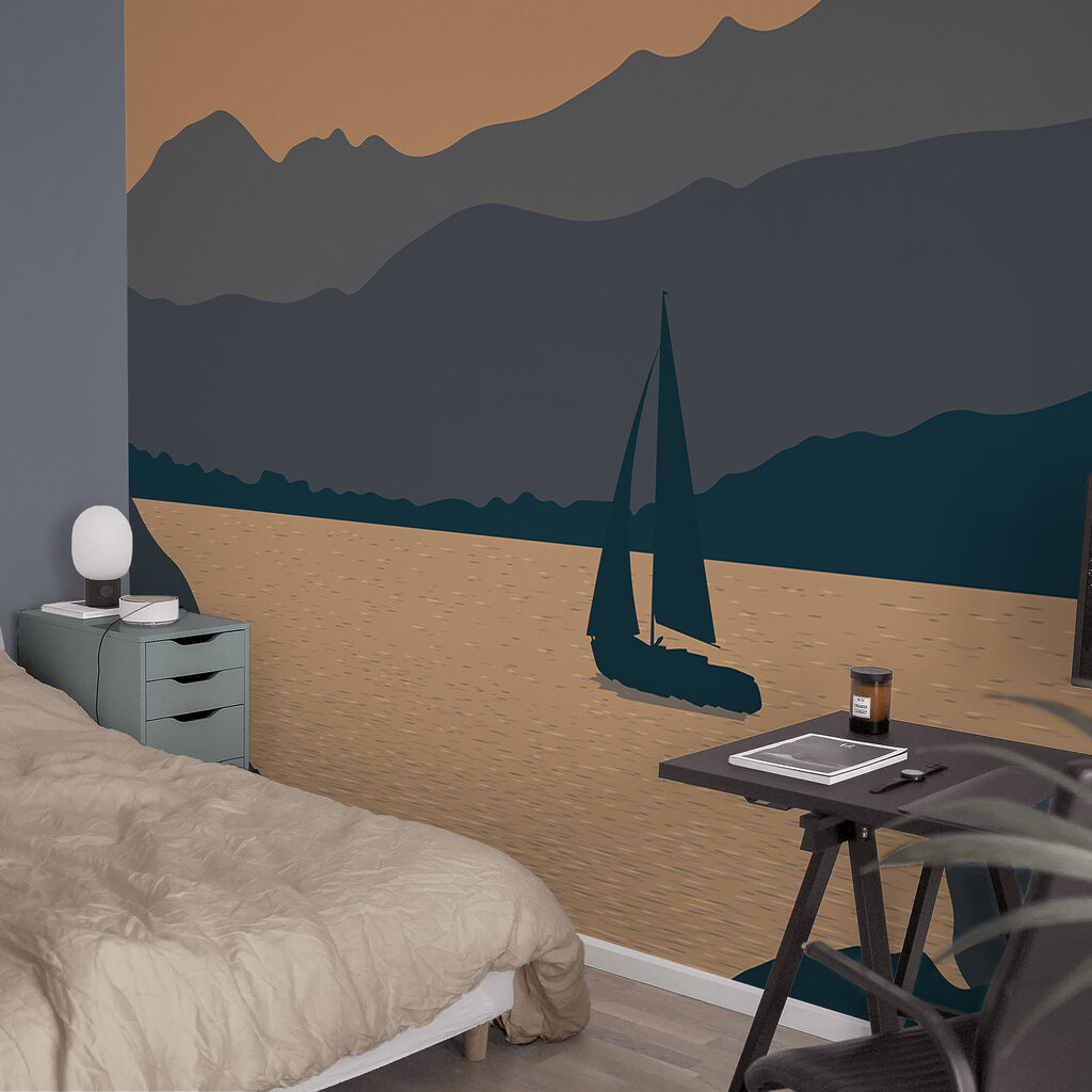 Voilier sur l'eau avec des montagnes en arrière-plan Voilier sur l'eau avec des montagnes en arrière-plan