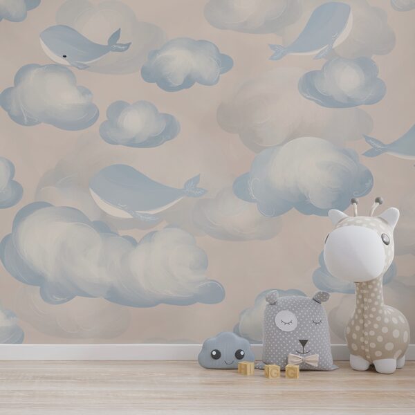 Nuages bleus et blancs et baleines Papier peint Nuages bleus et blancs et baleines