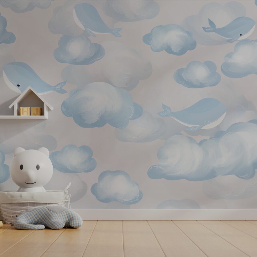 Nuages bleus et blancs et baleines