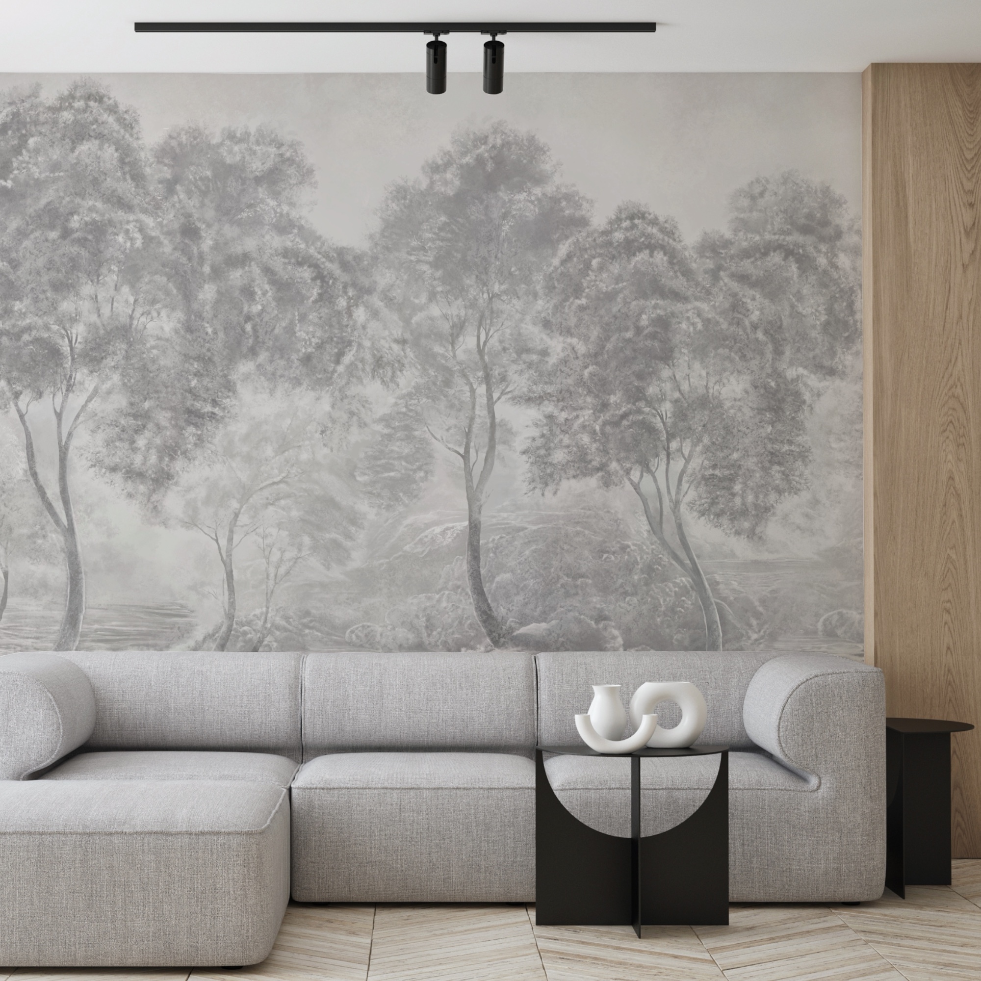 Groupe d'arbres dans un paysage brumeux Groupe d'arbres dans un paysage brumeux