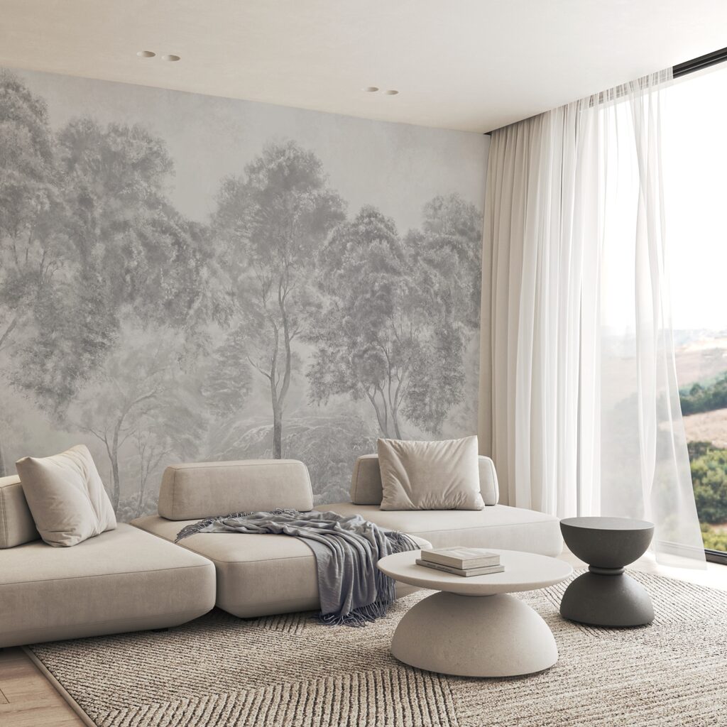 Groupe d'arbres dans un paysage brumeux