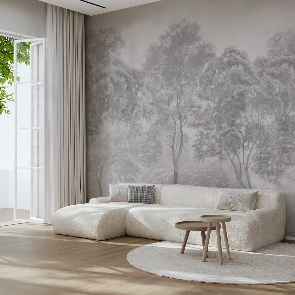 Groupe d'arbres dans un paysage brumeux