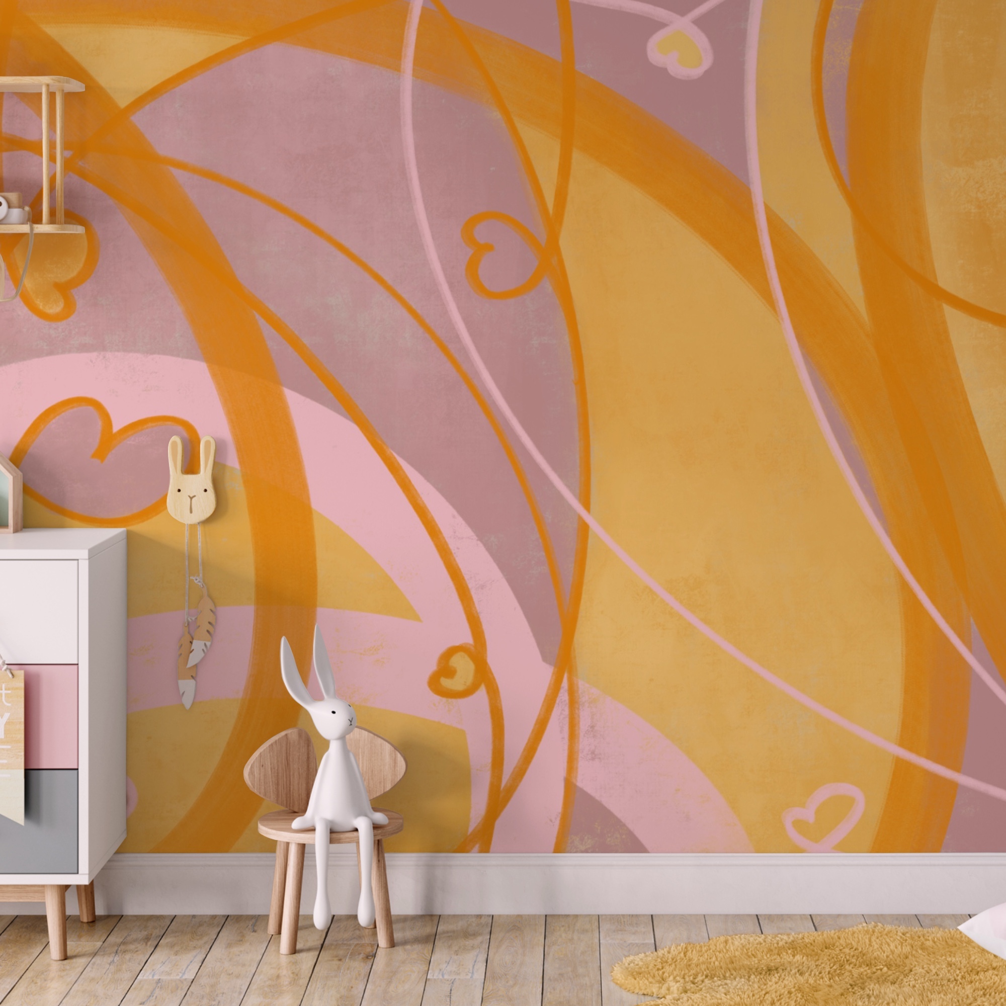 Tourbillons et cœurs jaunes et roses