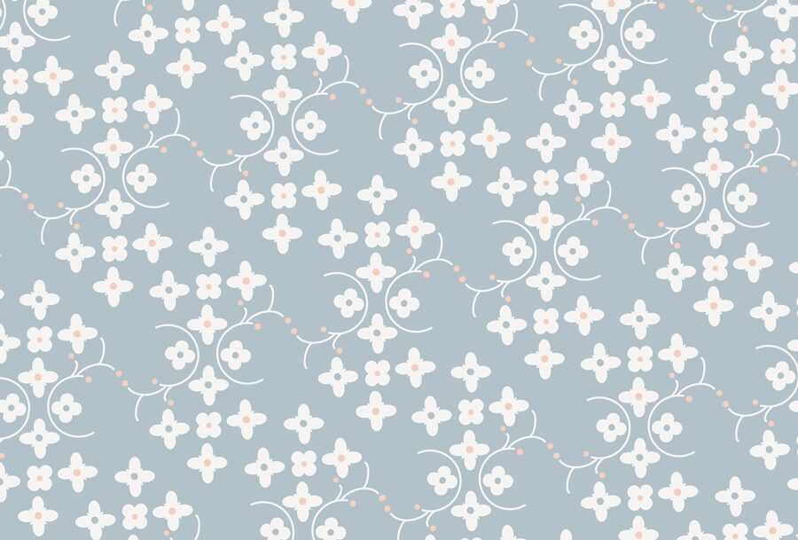 Motif de fleurs blanches et de points roses sur fond bleu