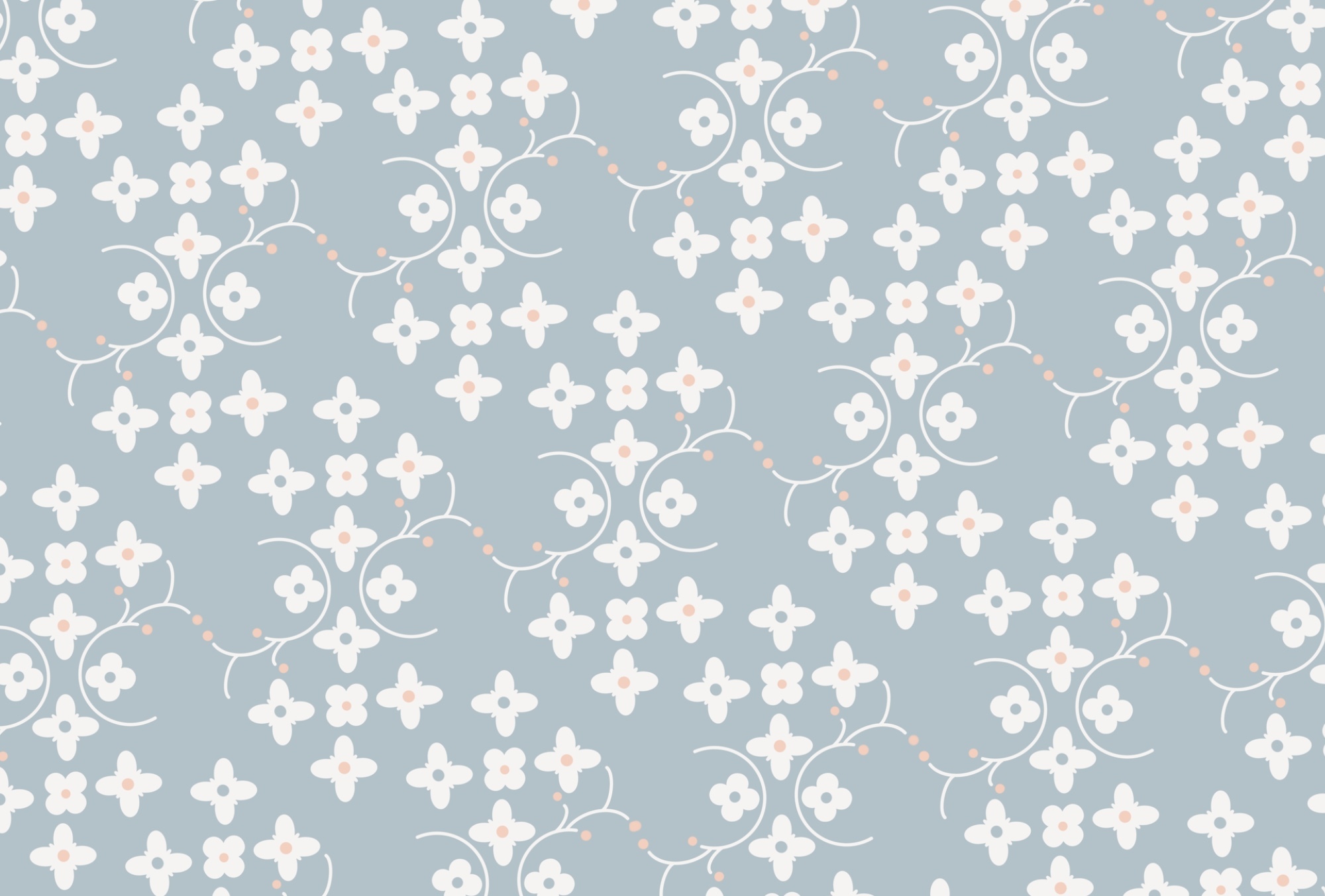 Pattern of white flowers and pink dots on a blue background Pattern of white flowers and pink dots on a blue background