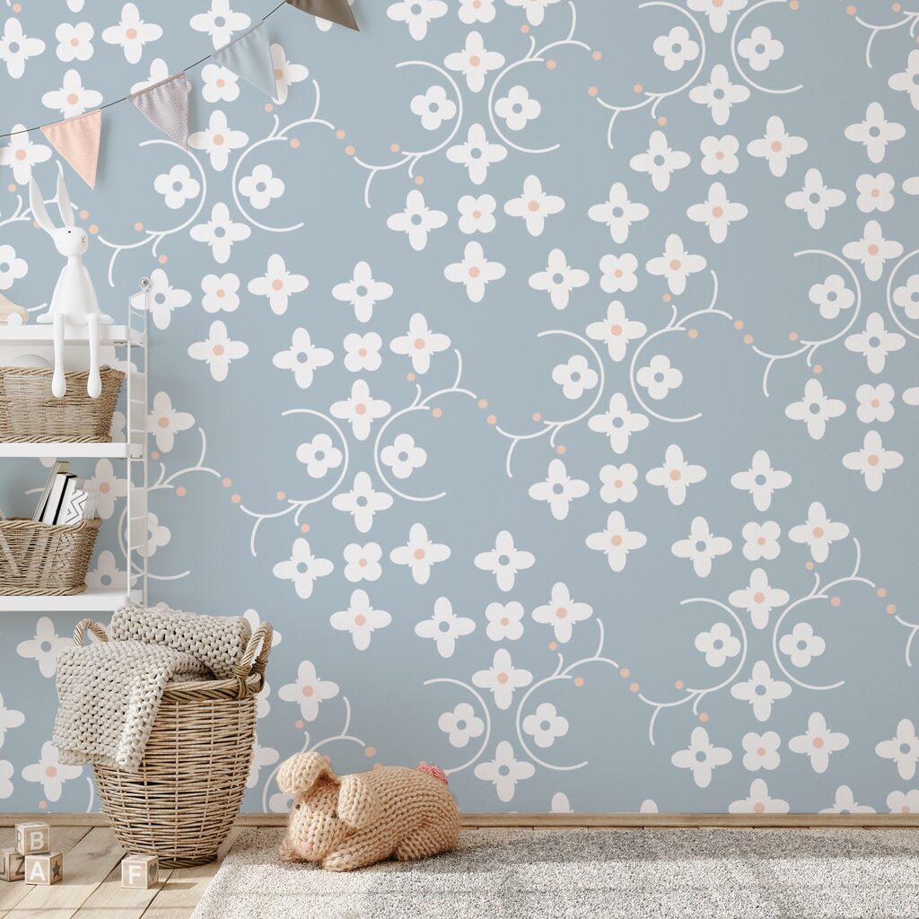 Motif de fleurs blanches et de points roses sur fond bleu