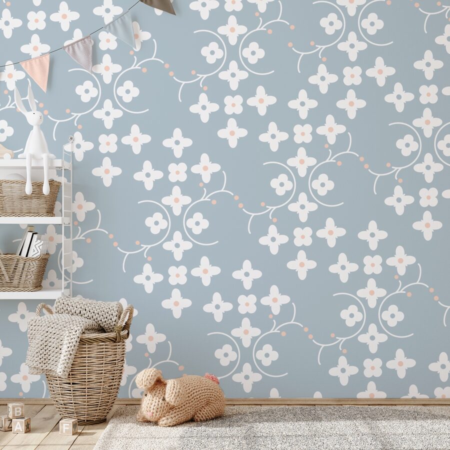 Motif de fleurs blanches et de points roses sur fond bleu
