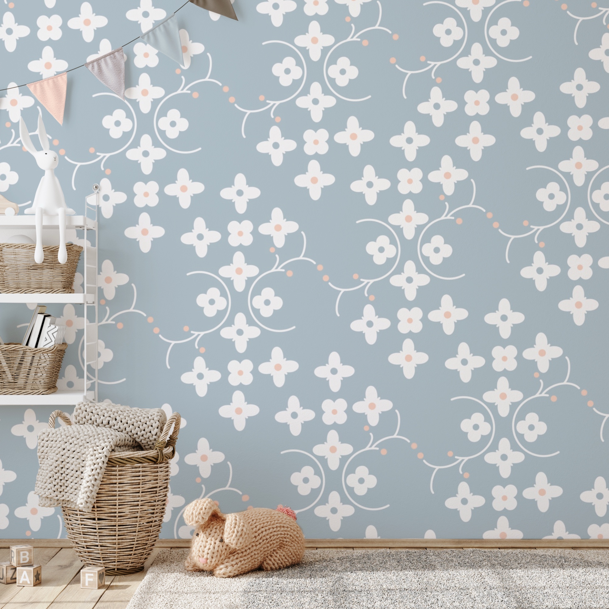 Motif de fleurs blanches et de points roses sur fond bleu Motif de fleurs blanches et de points roses sur fond bleu