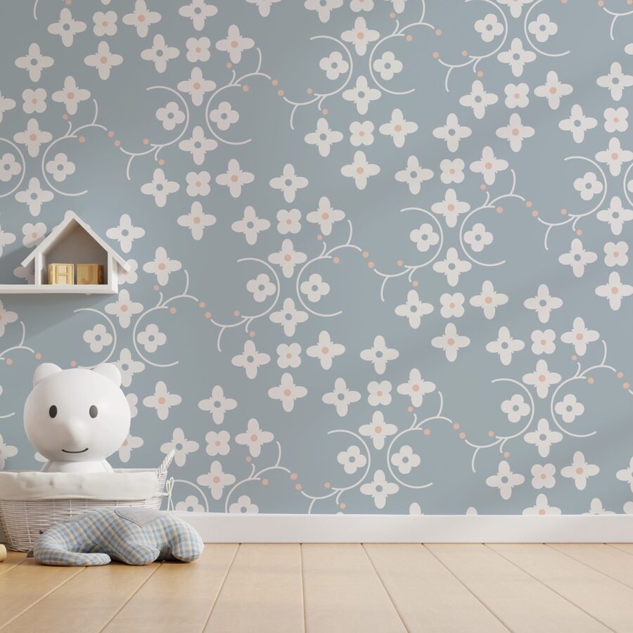 Motif de fleurs blanches et de points roses sur fond bleu