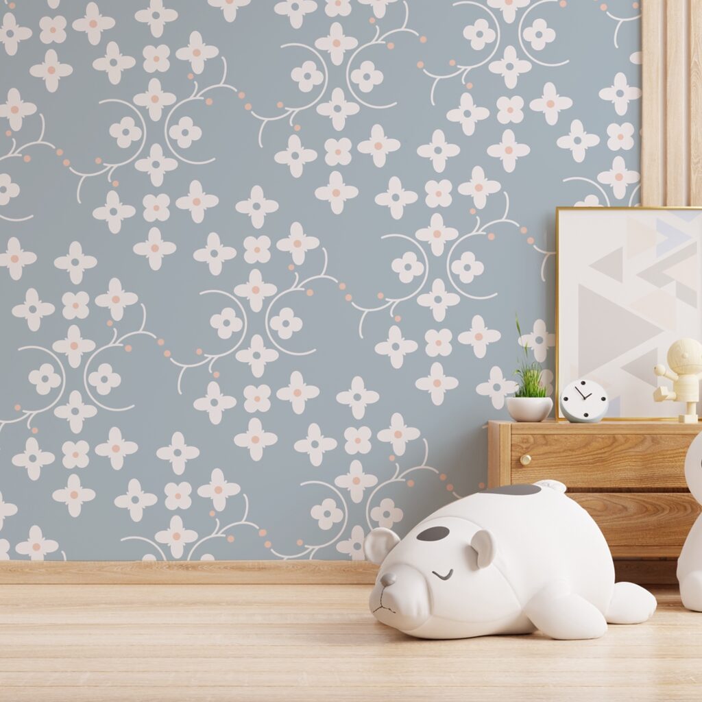 Motif de fleurs blanches et de points roses sur fond bleu