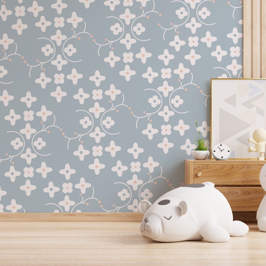 Motif de fleurs blanches et de points roses sur fond bleu