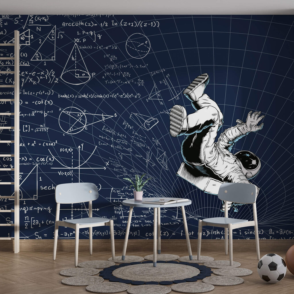 Homme en combinaison spatiale tombant sur un tableau avec des équations mathématiques Homme en combinaison spatiale tombant sur un tableau avec des équations mathématiques